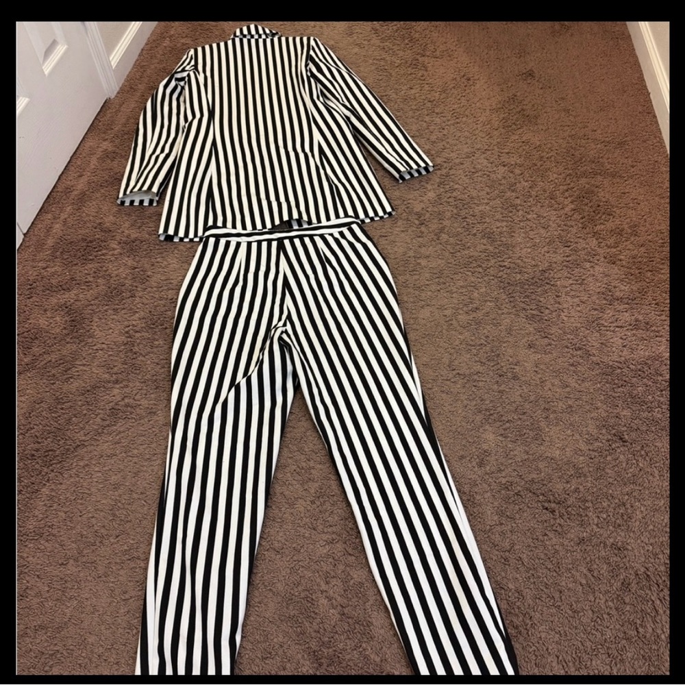 ASOS Black White Mono-striped Pant Suit Long Line Blazer High Rise Co Ord US 8 - Picture 3 of 15